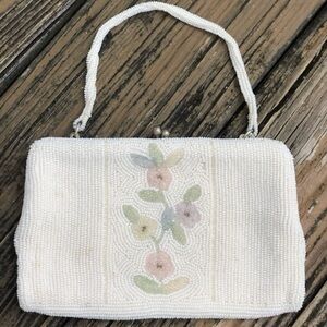 Delill Cream Ivory Pink Floral Beaded Purse Evening Bag Clutch Vtg 50s 60s Japan